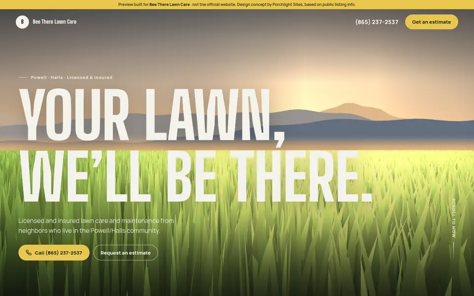 Desktop view of a lawn-care website preview with the headline “Your lawn, we’ll be there.”