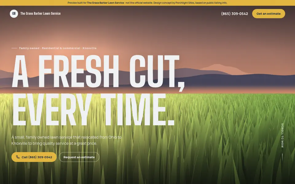 Desktop view of a lawn-care website preview with the headline “A fresh cut, every time.”