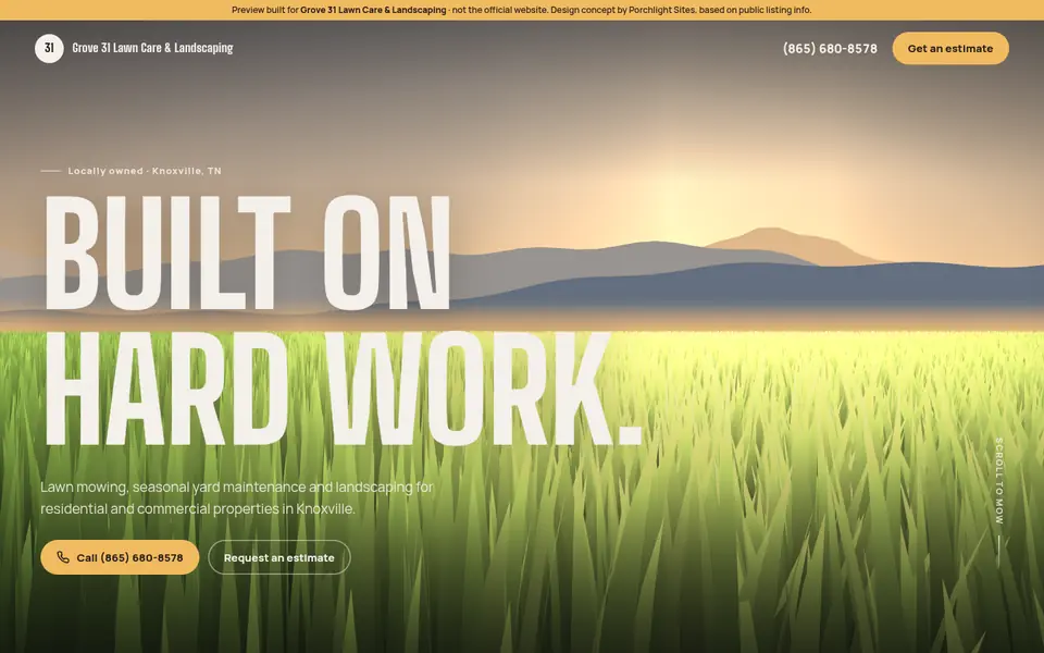 Desktop view of a lawn-care website preview with the headline “Built on hard work.”