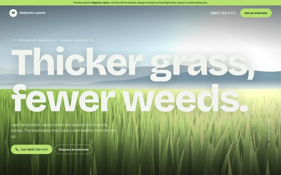 Desktop view of a lawn-care website preview with the headline “Thicker grass, fewer weeds.”
