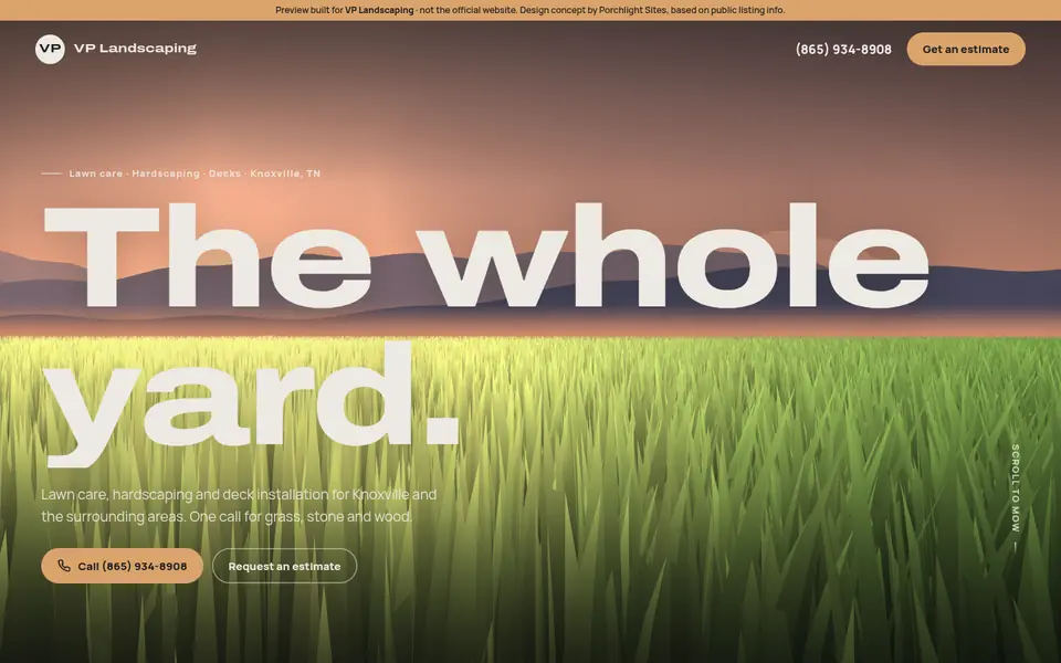 Desktop view of a lawn-care website preview with the headline “The whole yard.”